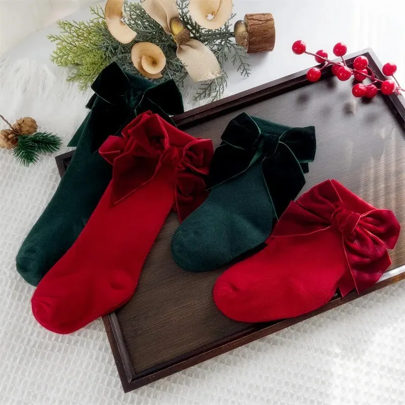 New Year Baby Girls Christmas Socks Knee High Big Bow Kids Sock Solid Woolen Leg Warmers Girl Toddler Soft Short Socks