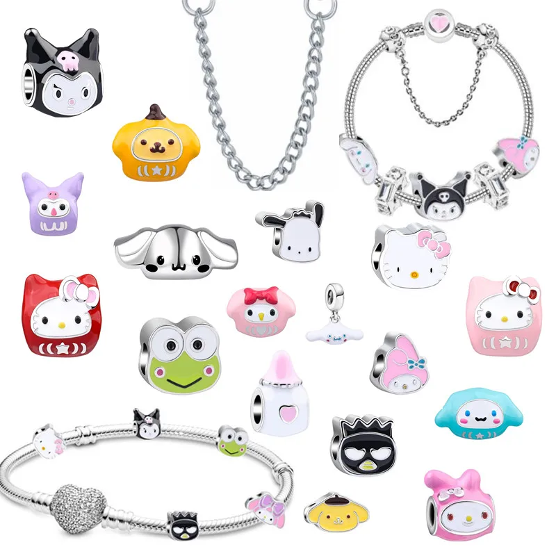 Sanrio 925 Silver Charm Fit Pandora Bracelet Hello Kitty Kuromi Cinnamon Handmade Jewelry DIY Beaded Accessories for Women