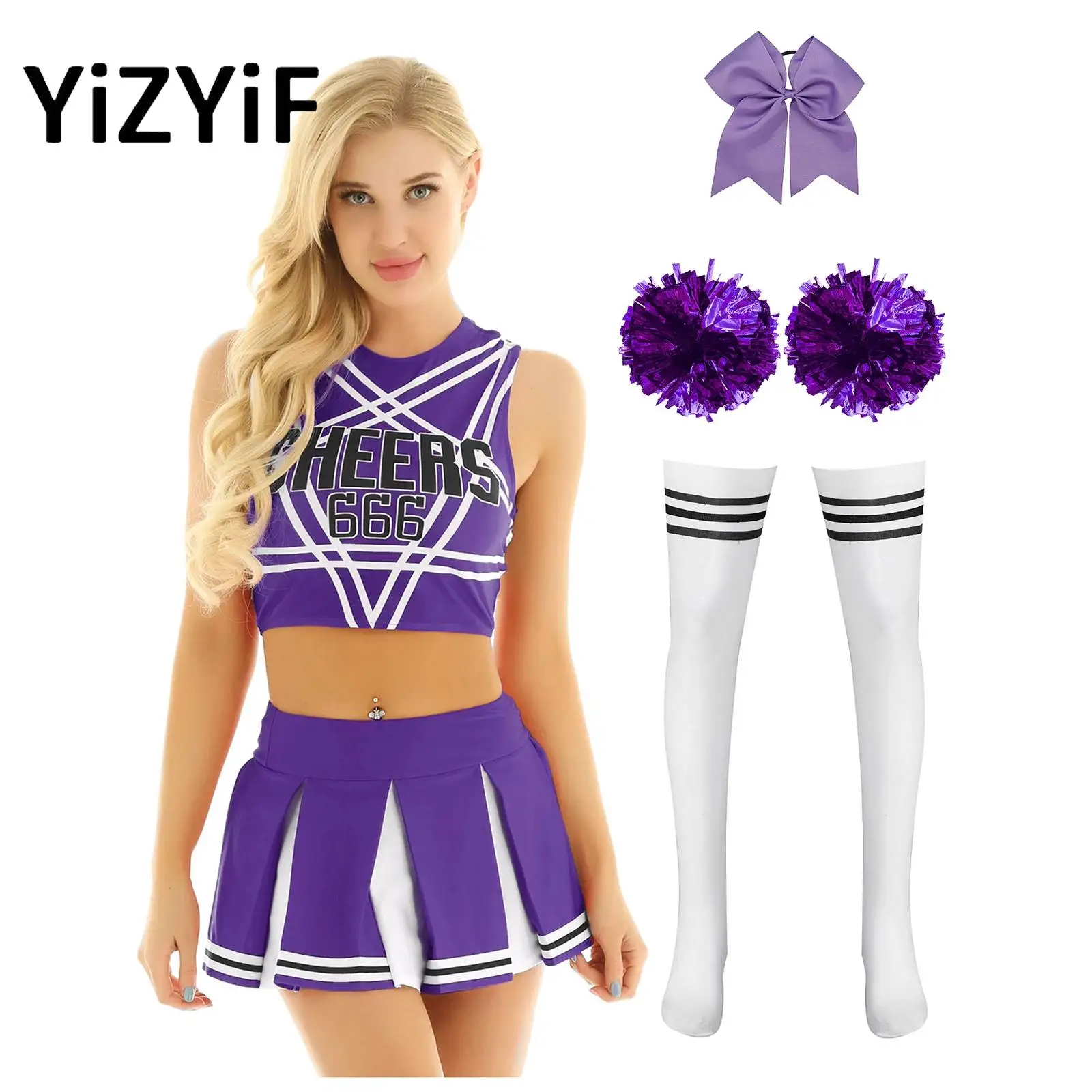 

Women Cheerleading Set Strappy Back Crop Top with Mini Pleated Skirt And Hair Tie Headband Flower Balls Stockings