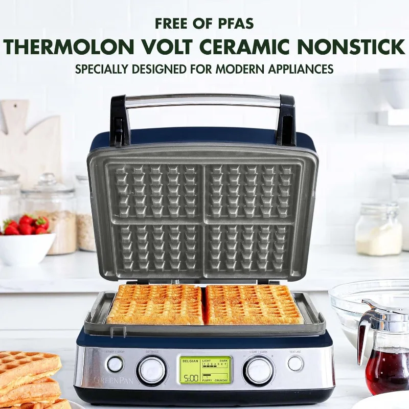 4 square Belgian waffle irons and classic waffle iron with adjustable shading/crispness control