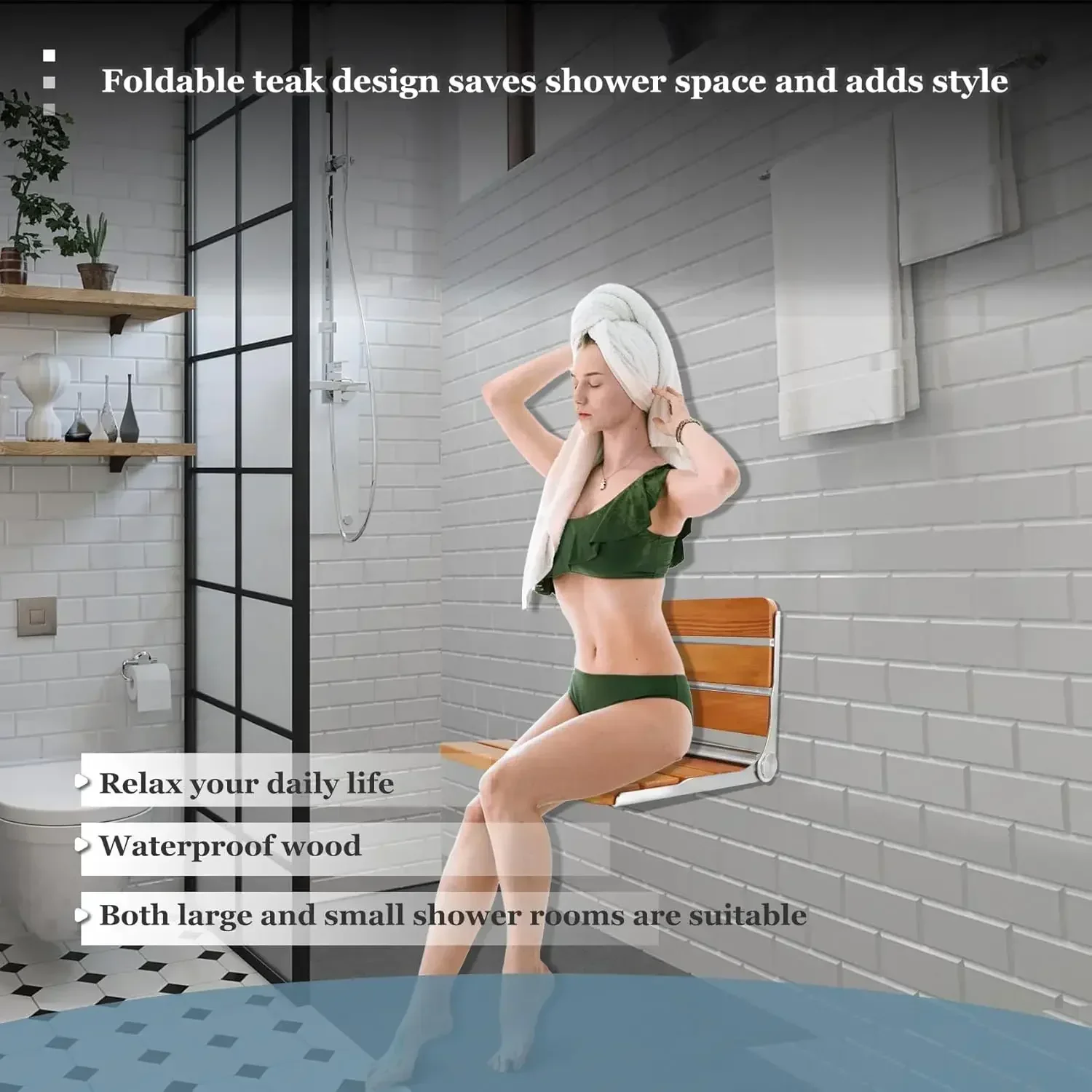 Asiento de ducha plegable de teca de 18 pulgadas montado en la pared, banco de ducha plegable, carga máxima de 400 libras, diseño plegable que ahorra espacio (caliente)