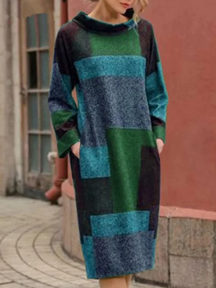 GELITAYIN Women's Checkered Long Sleeved Semi High Neck Dress Lady Printed Geometry Artistic Retro Style Autumn Dress