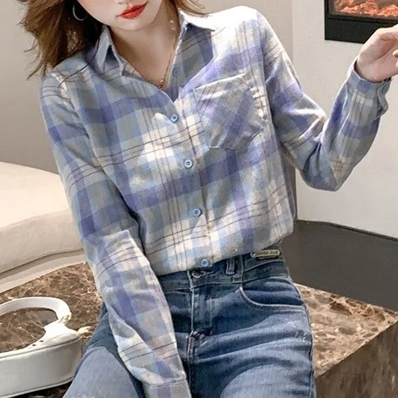 Retro Plaid Pattern Patchwork Pockets Blouse Fashion Polo-Neck Sanding Single Row Multi Buckle Loose Blue Women\'s Shirts