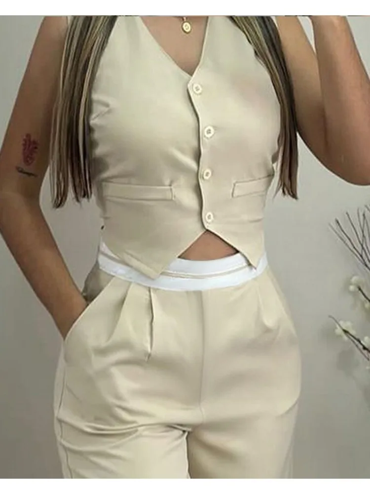 Casual Trouser Set Women Two Piece Suits Long Pants Set Sleeveless Tops & High Waist Straight Pant Elegant Casual Y2k Outfit