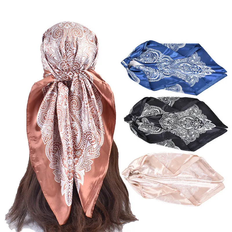 

90*90cm Shawl Women Luxury Design Square Silk Scarf Foulard Satin Bandana Soft Neckerchief Hijab Hair Scarves For Ladies
