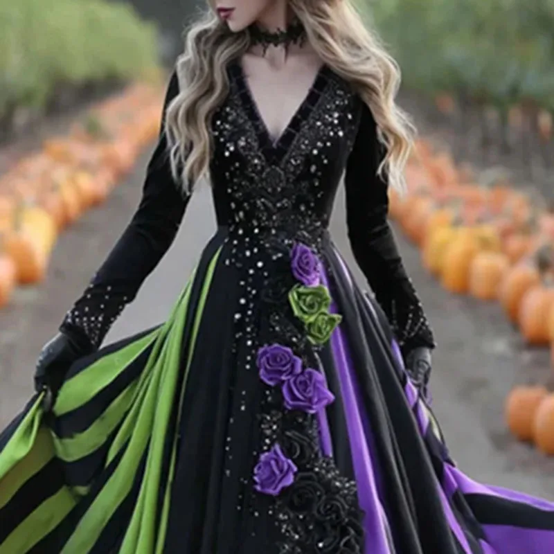 Kostium na Halloween Damski Seksowny Dekolt w Serek Wysoki Stan Długa Sukienka Retro Kwiatowy Wzór Łączona w Paski Sukienka na Imprezę Jesienna Sukienka Maxi typu Swing