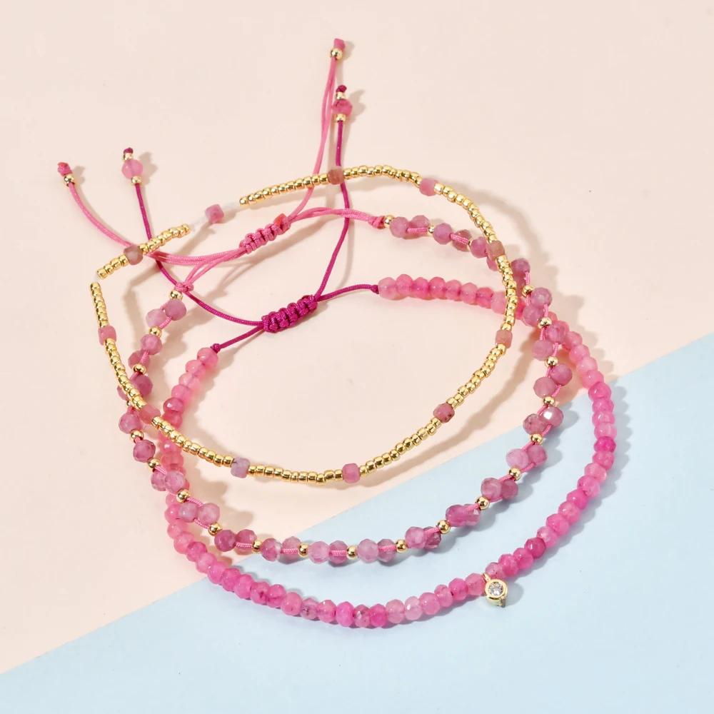 ZMZY Pink Rubellite Stone Bracelet Vintage Natural Stone Jewelry Elegant Beaded Hand Rope Women Boho Wrap On Hand Pink Crystal