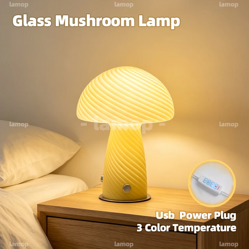 Vertical‑Spiral Texture Mushroom Glass Table Lamp Italian Minimalist Simple Versatile Desktop Table Lamp for Korean‑Style B&B