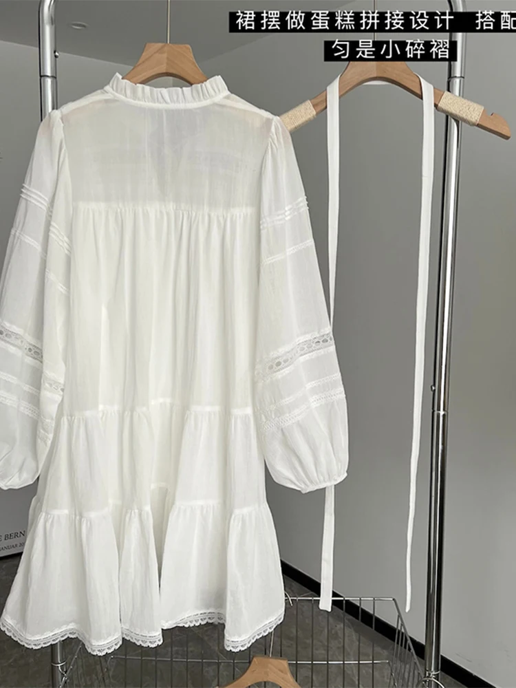 Autumn Winter Women New Stand Neck Solid Color Pleated Patchwork Frocks Puff Long Sleeve Hollow Out Ruffle Design Lace Up Dress