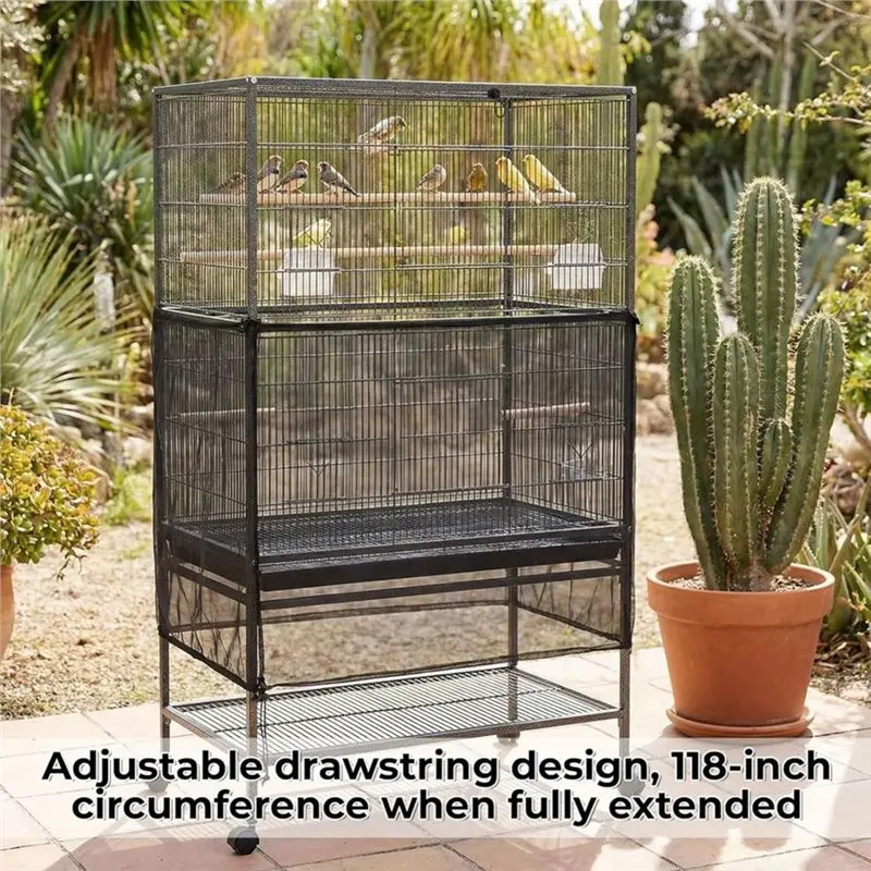 B97A-Adjustable Nylon Mesh Net Large Bird Cage Cover, Birdcage Cover Skirt, Bird Cage Seeds Catcher, Seeds Guard For Parrot view 3