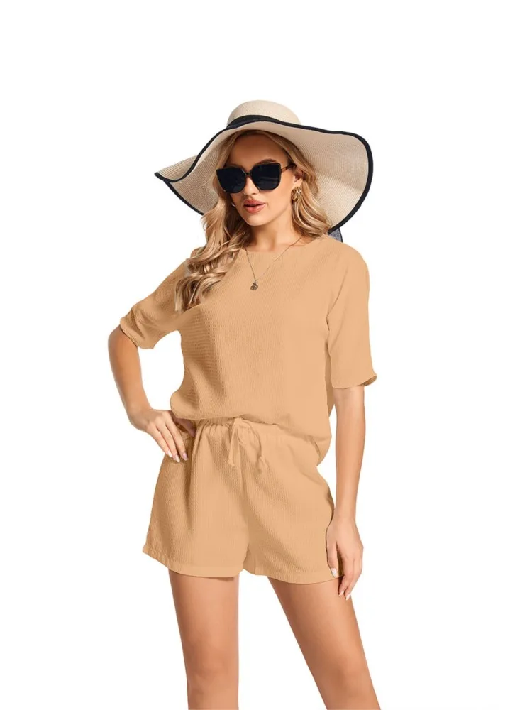 2024 Women's Summer New Short Sleeve Set Women's Western Style Bat Shirt Fashion Strap Up Waist Shorts Two Piece Set