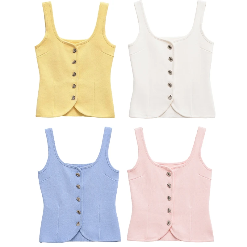 

Elegant Knitted Vests For Women 2025 New Summer Yellow Single Breasted Sleeveless Cropped Vest Solid Casual Chic Waistcoat Lady