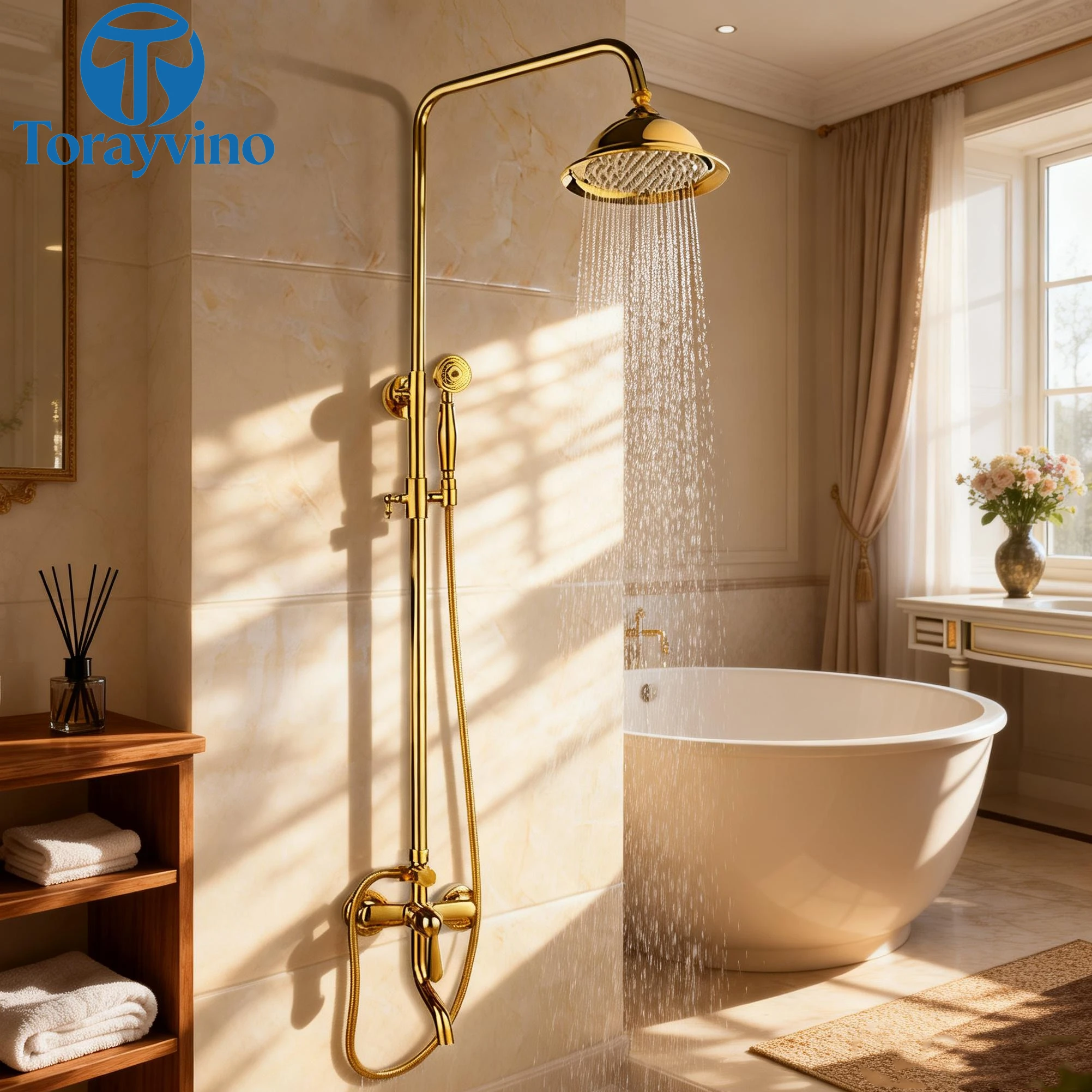 

Torayvino Gold Polished Bathroom Shower System Set Wall Mounted 3 Functions Rainfall Round Showers Head Mixer Water Faucet