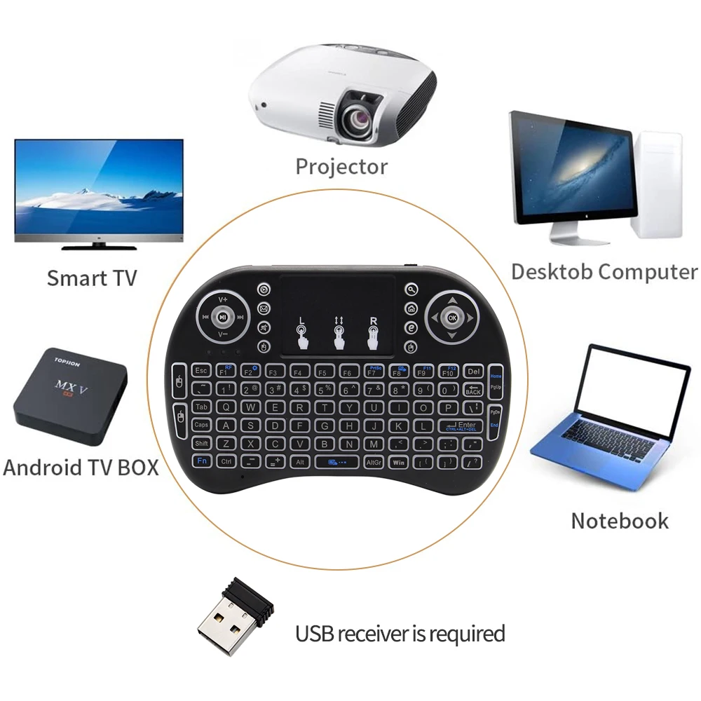 I8 Backlit Mini Wireless Keyboard English Russian Arabic Spanish 2.4G Air Mouse Remote Control Touchpad for Android TV Box PC