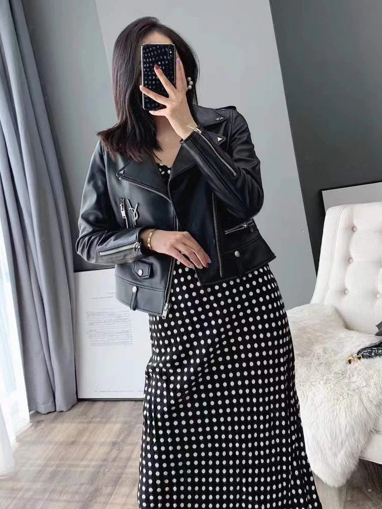 2024 Lente Nieuwe Hoge Kwaliteit Echt Schapenleer Jas Dames Slim Fit Zwarte Bikerjas Met Notch Kraag Korte Jas