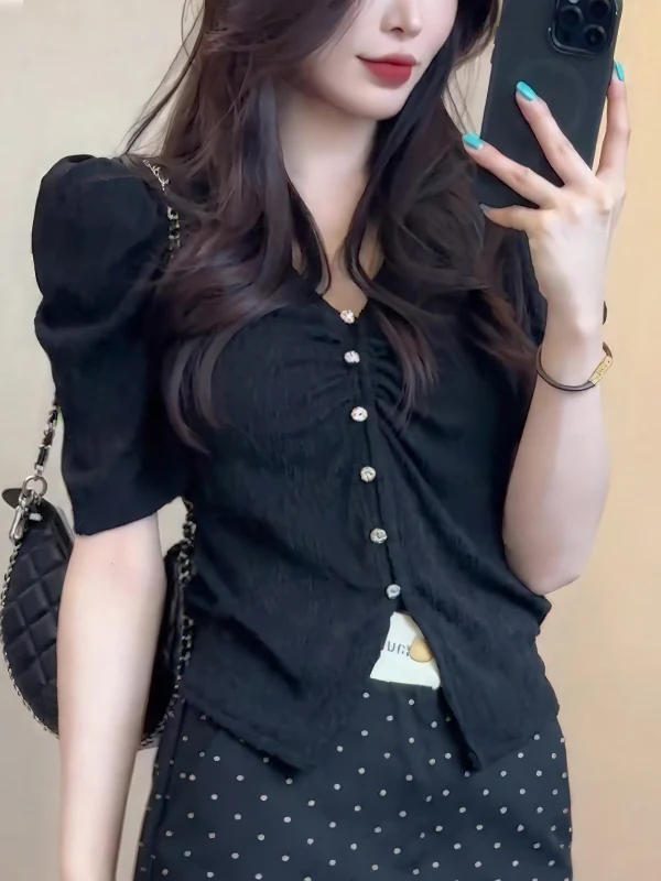 

Gtuq Sli Pleated Bubble Sve ort Sve T-irt Women Summer Heavy Embellied Faionable Korean Version Top