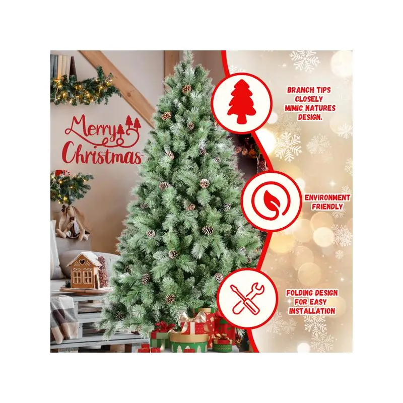 7ft kunstmatige groene kerstboom met 1348 PVC gemengde takpunten, dennenappels, scharnierende premium en opvouwbare basis voor vakantie