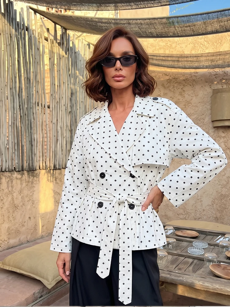 HH French Style Polka Dot Short Trench Coat White Black Double Breasted Belted Waist Jacket Spring Fall Elegant Office Wear