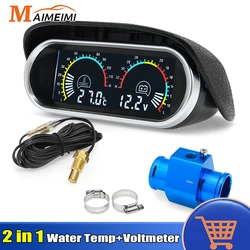 2 in 1 LCD Digital Car Gauge Water Temperature Gauge + Voltmeter Water Temp Sensor 1/8NPT -10~120°C With Alarm For 12V 24V Car