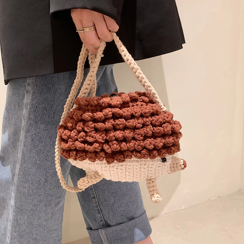 Handmade Woven Bag For Women Woolen Shoulder Crossbody Bag Cute Knitted Cartoon Bag Young Girl Crochet Hedgehog Mobile Phone Bag