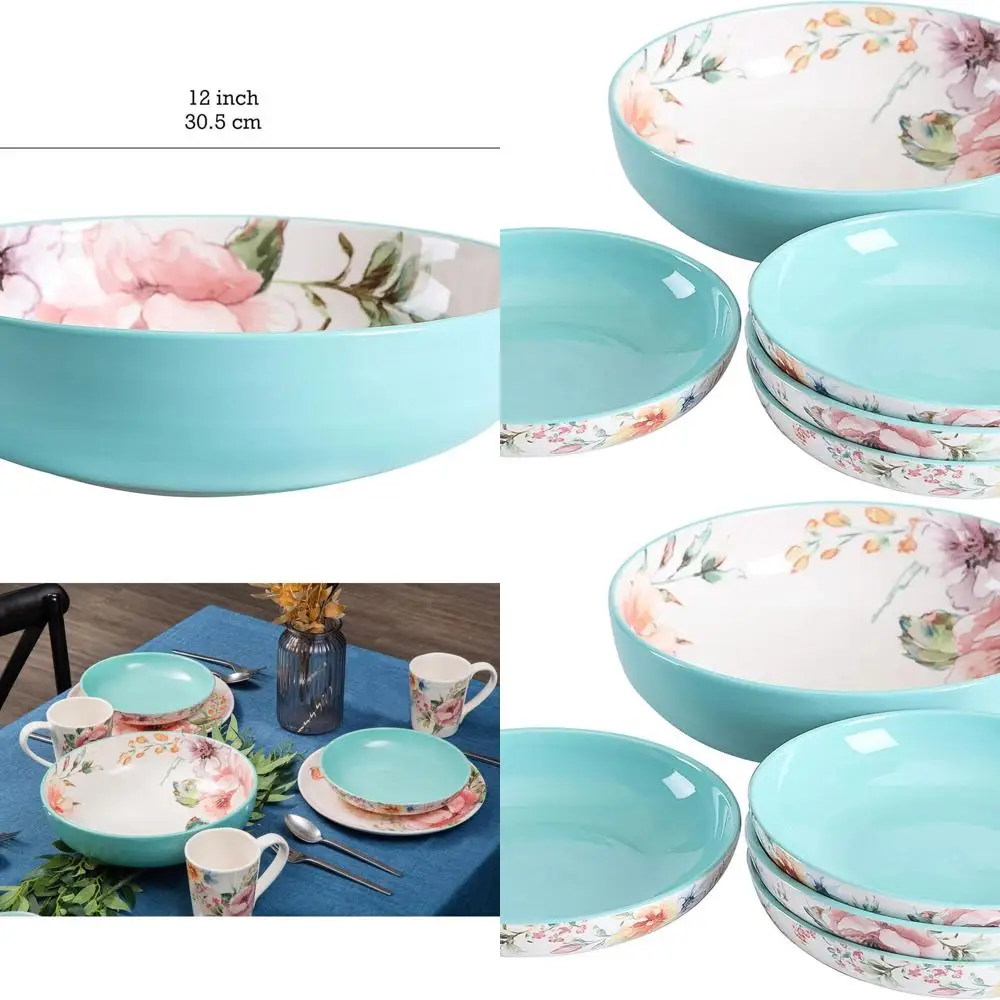 

Set of 5 Margret's Garden Ceramic Pasta Bowls - 1 Large 214oz, 4 Small 35oz - Ideal for Pasta, Salad, Microwave & Dishwasher Saf