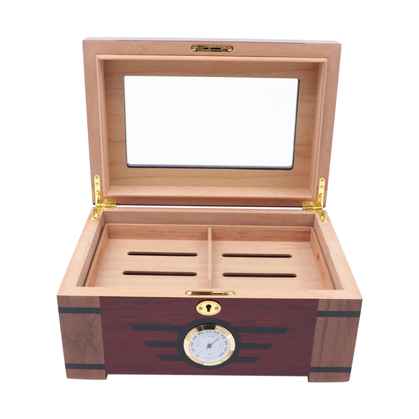 Cigar Humidor Front Mounted Hygrometer Cedar Lined Storage Box Spanish Cedar Tray Divider, Piano Coating Finish and Transparent