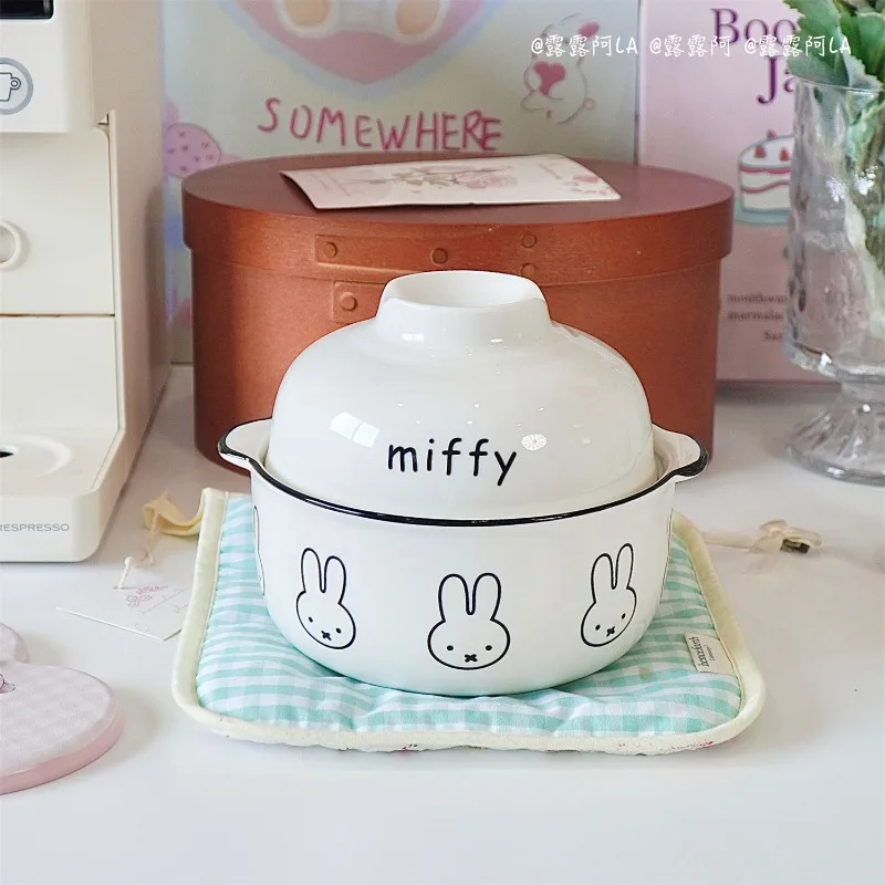 Kawaii ​ ​ Ciotola per ramen in ceramica Miffy con doppi manici Ciotola per zuppa isolata sicura per microonde con coniglio carino per utensili da cucina per uso domestico