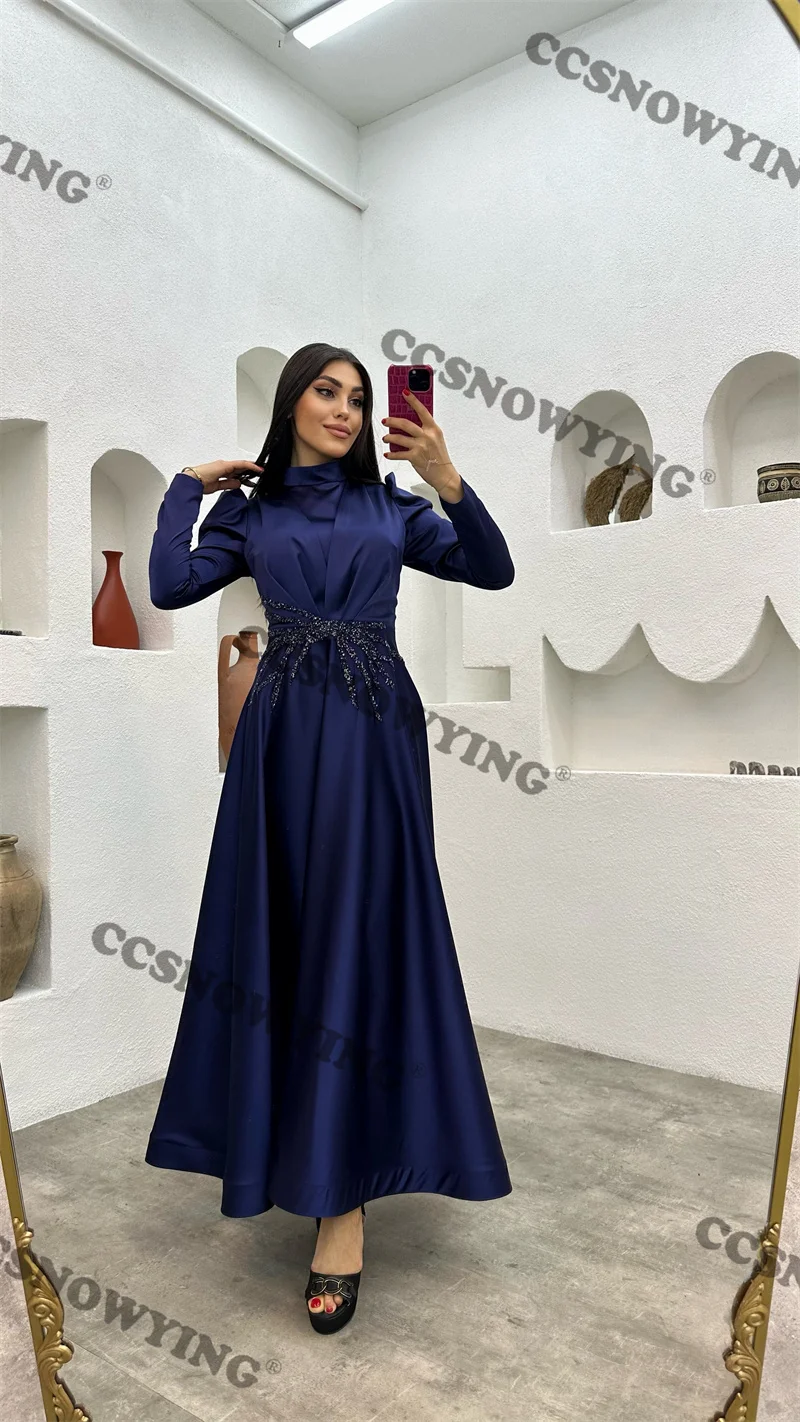 

Appliques Beaded Muslim Evening Dress Satin Long Sleeve Hijab Islamic Formal Party Gowns Women Arabic Dubai Robes De Soirée