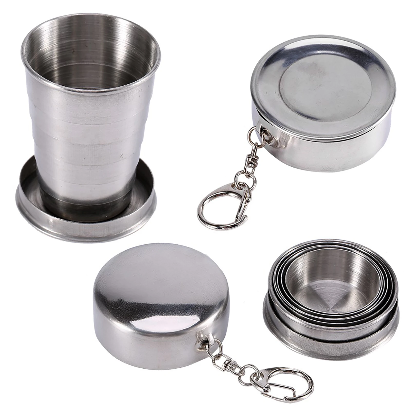 S Stainless Steel Travel Folding Cup Camp Keychain Retractable Telescopic Foldable