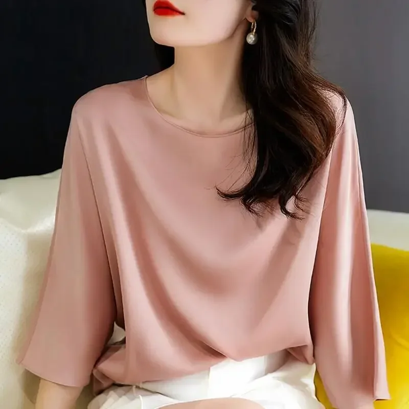 Goddess Feel Early Autumn Women Silk Top Long Sleeve Top Smooth Elastic Satin Loose Double Sided Silkworm Women\'s Silk Shirt