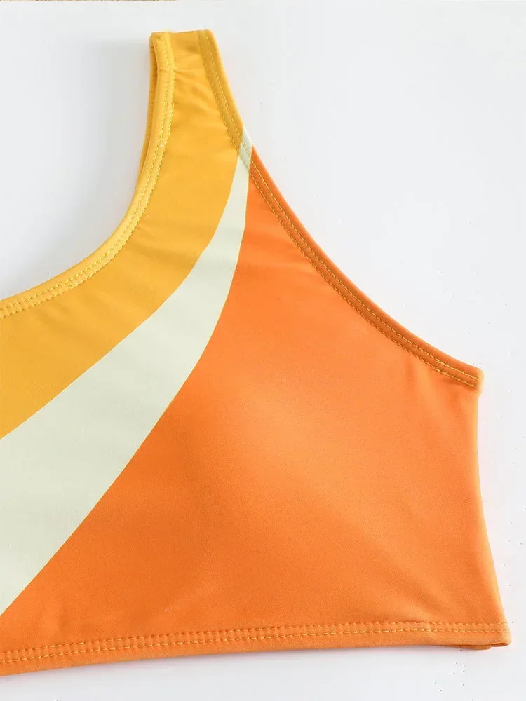 Sexy Print One Shoulder Bikinis 2 Piece Set Women Split Swimsuit High Waist Beach Bikinis 2025 New Summer Swimwear Bikinis Set