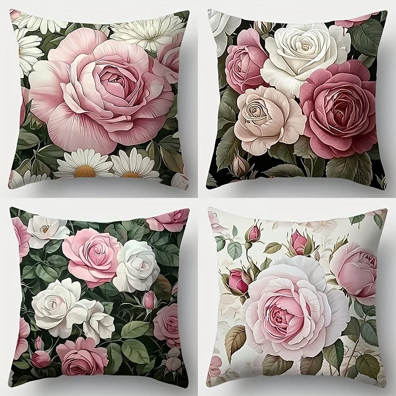4Pcs Vintage Rose Pillow Covers 45x45cm Double-sided Printed Cushion Cases Retro Floral Home Decor Throw Pillows No Insert