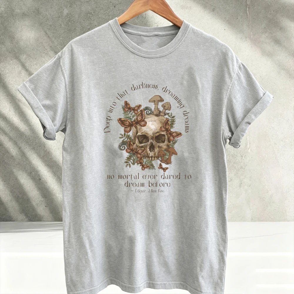 Vintage Skull Mushroom Butterfly Edgar Allan Poe Quote T‑Shirt Men Gothic Dark Academia Tees Casual Crew Neck Short Sleeve Tops