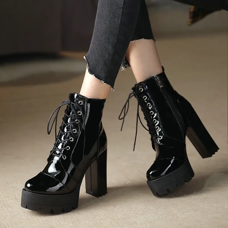 

Super High Heeled Short Boots For Women Round Toe Thick Heel Lace Up Fashion Boots Patent Leather High Heeled Boots Knight