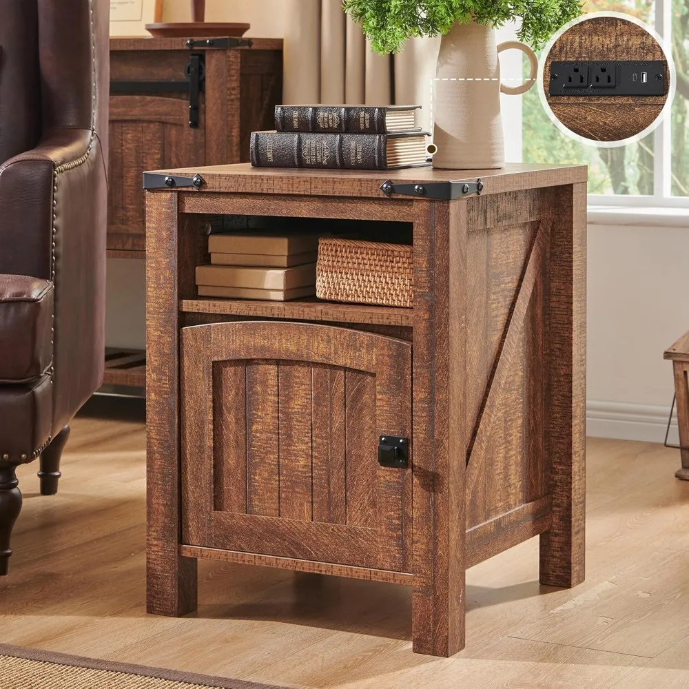 

Farmhouse End Table with Charging Station, Rustic Nightstand with Adjustable Storage Shelf, Wood Rustic Wood Sofa Side Table