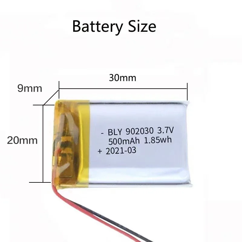 3.7V 500mAh 902030 polymer lithium ion rechargeable battery for LED lights,bluetooth speakers,MP5,Selfie Stick,902030 battery