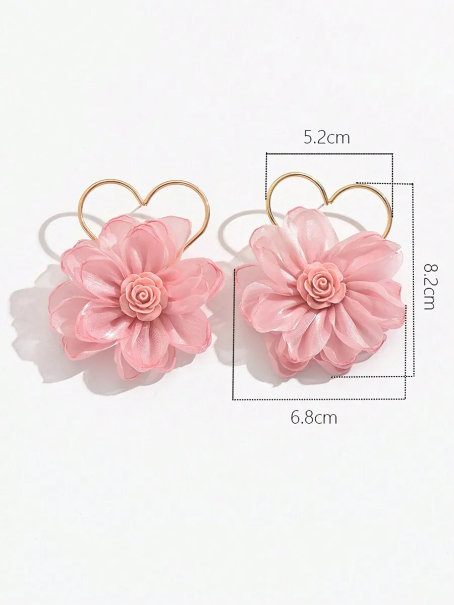 

Pink Fabric Flower Earrings With Heart Outline Design For Women