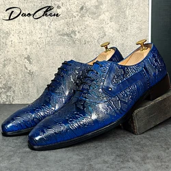 Luxury Brand Men Oxford Shoes Lace-up Pointed Toe Blue Casual Dress Man Shoe Flowers Print Genuine Leather Shoes For Men