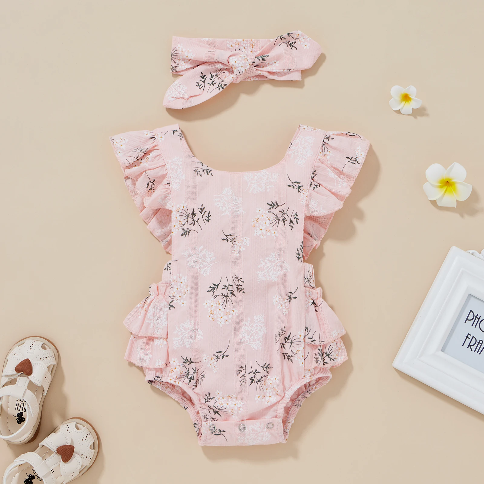 New Baby Romper With Hairband Kids Summer Flower Print Round Collar Fly Sleeve Bodysuit+ Headband 0-24 Months Hot Sale