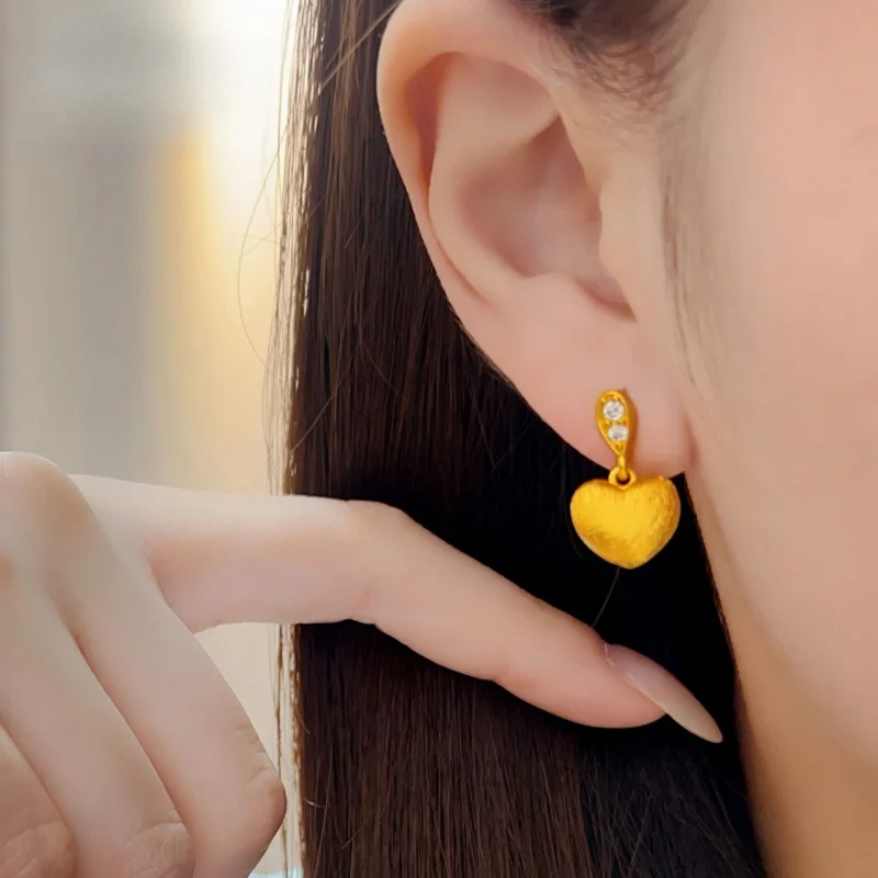9999 Gold Dot Diamond Velvet Brushed Heart Earrings, Light Luxury Niche Women'S Earrings