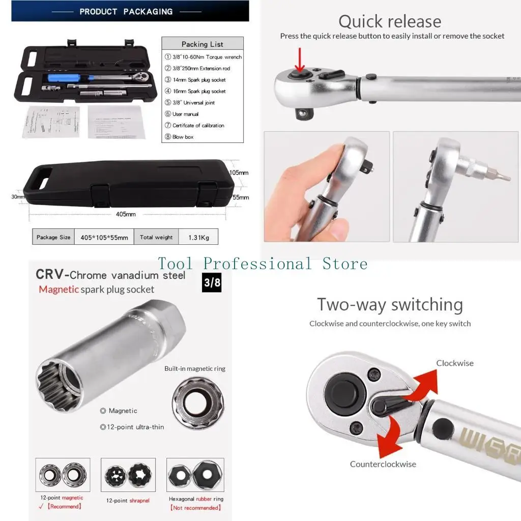 

57QF 3/8 inch Digital Torque Wrench Durable Compact Size Socket Set Measure for Peak Torque Bicycle Maintenance Kit