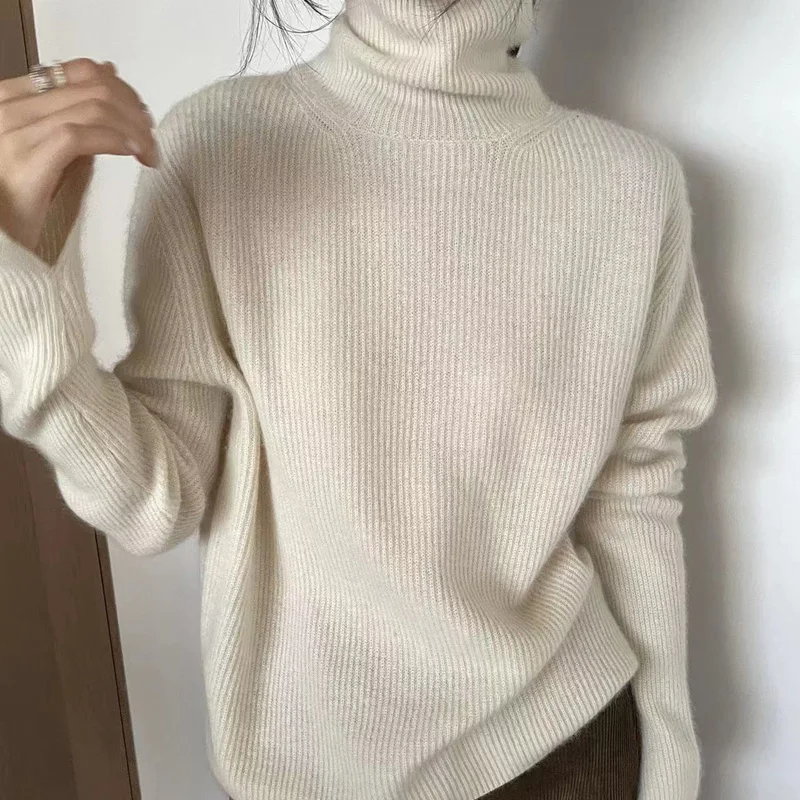 Wool Knitted Sweater Women High  Pile Collar Sweater Autumn Winter Solid Pullover Slimming Interior Lapping  Versatile Basic Top