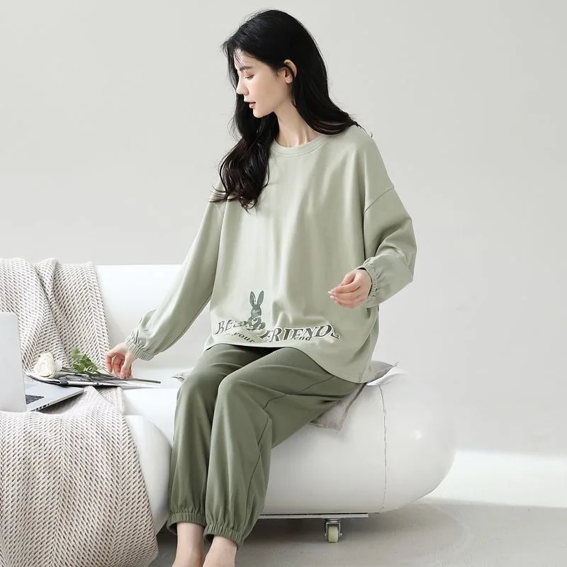 Puur Katoenen Pyjama 2024 Nieuwe Lente Herfst Nachtkleding Lange Mouwen Pullover Casual Loungewear Eenvoudige Huiskleding Set