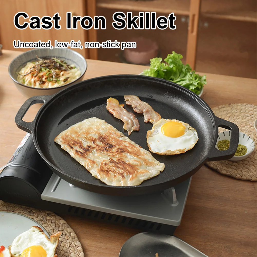 Cast Iron Skillet Pan with Dual Handles Non-Stick Round Griddle For Crepes And Pizza Kitchen Outdoor BBQ Grill Cookware Fry Pan