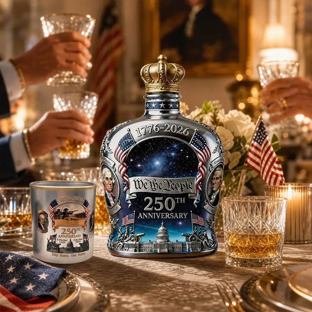 USA 250th Anniversary We The People Whiskey Bottle Vintage American Pattern Liquor Decanter Tumbler Kit Home Bar Table Decor Gif view 5