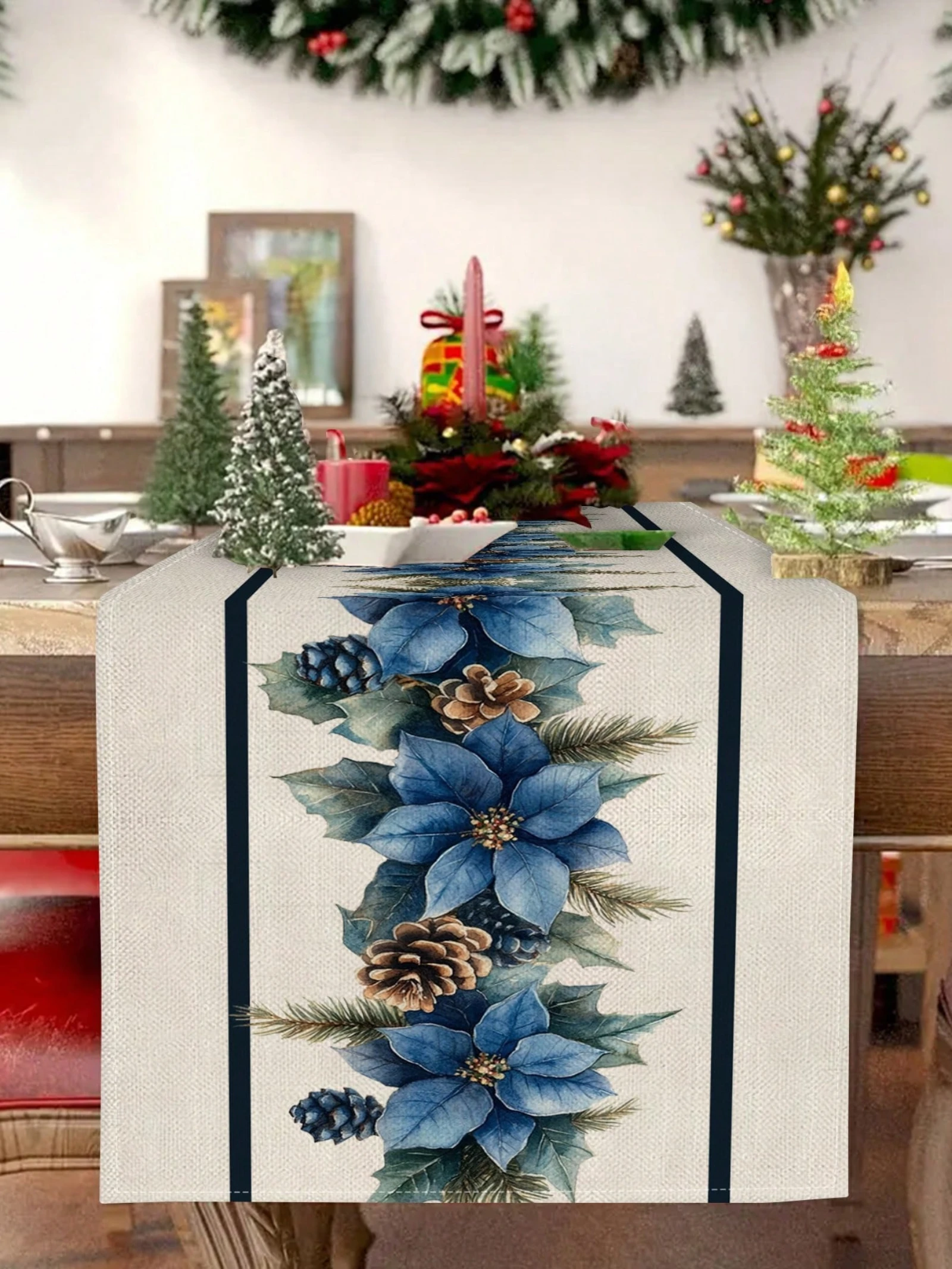 Blue Christmas Flower Table Runner Seasonal Home Decor Indoor Outdoor Party Supplies Winter Home Decor Christmas Party Home