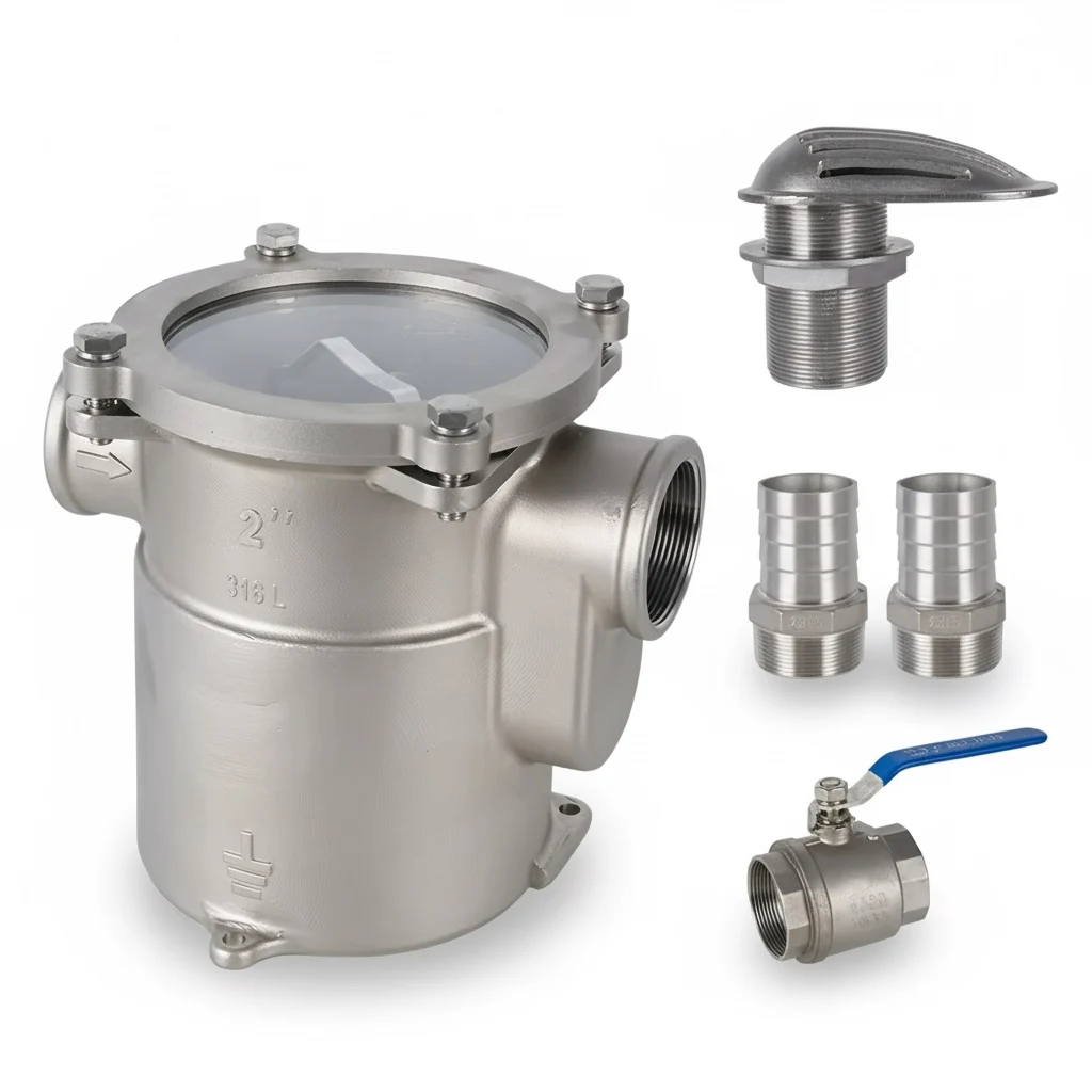316L Stainless Steel Marine Sea Water Strainer 2-Inch 50mm Raw Intake Filter Thru-Hull for Boat Yacht Use Ship Engine