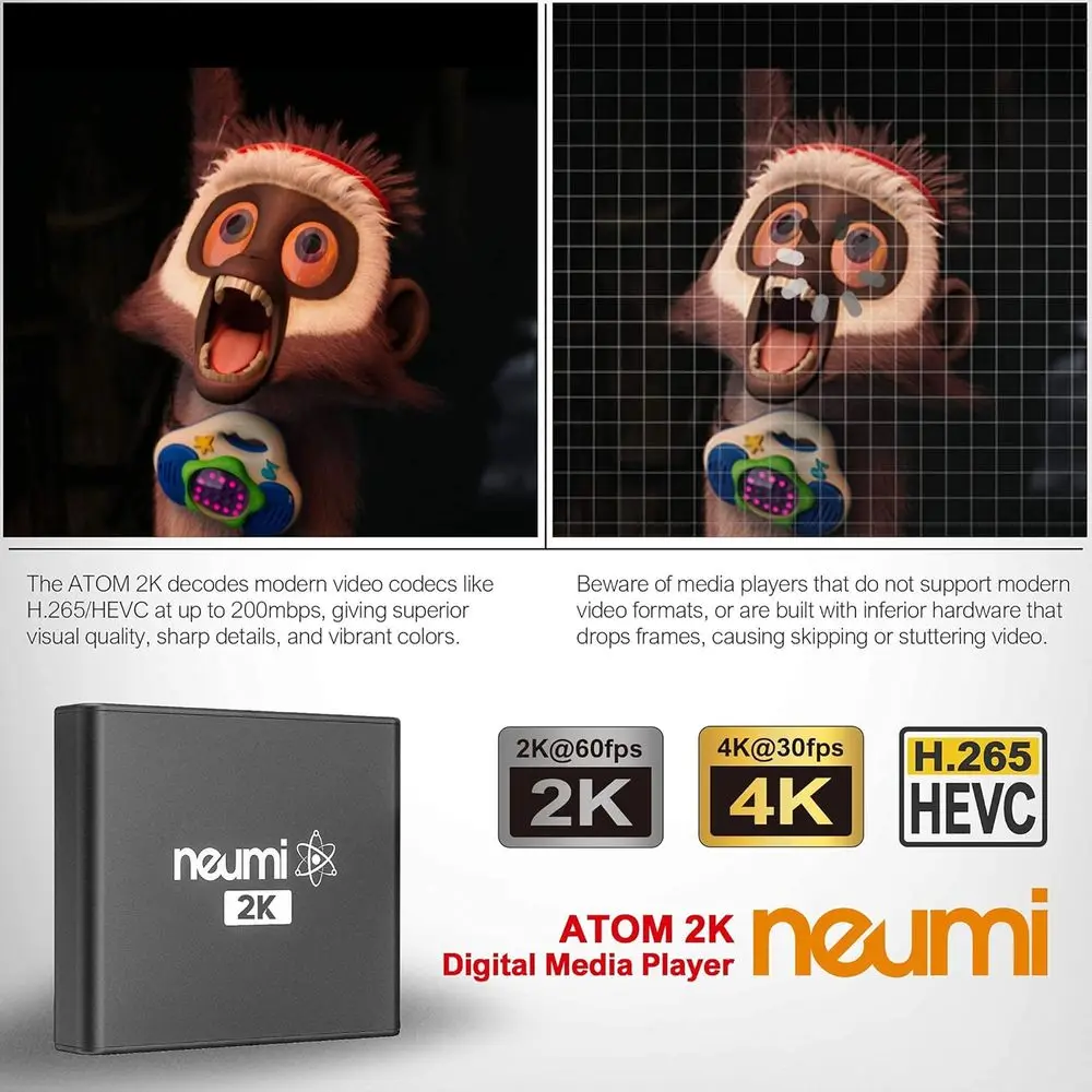 مشغل الوسائط الرقمي NEUMI Atom 4K Lite Ultra-HD لمحركات أقراص USB وبطاقات SD - يلعب فيديو 4K/UHD، HEVC/H.265، HDMI والتناظرية
