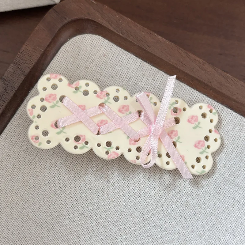 Floral Pink Bowknot Ribbon Barrettes Gentle Clip Duckbilled Hair Accessories Side Clip Hairpin Female