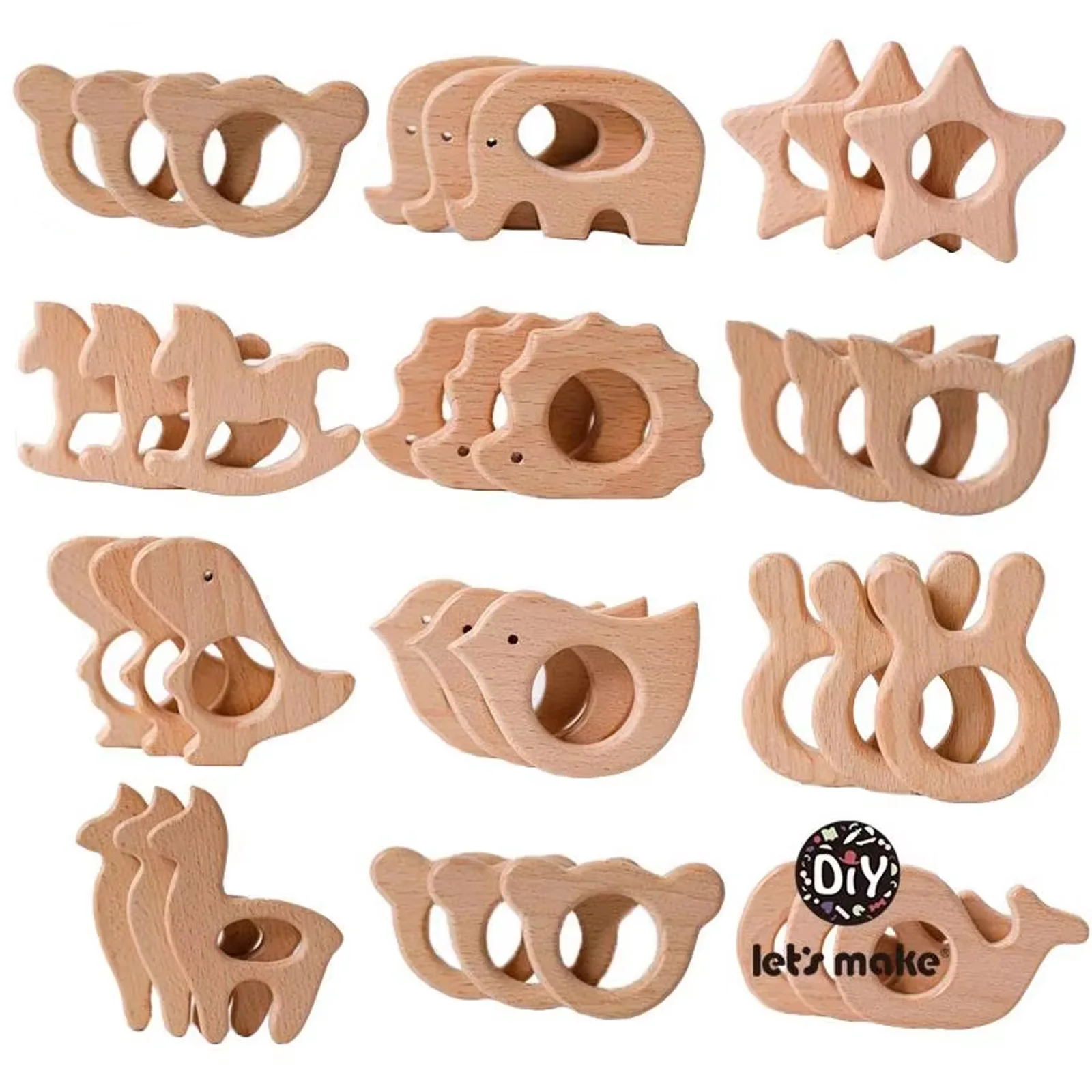 Let's Make 1PC Baby Teether Animal Wood Rings Unicorn Camera Hedgehog Food Grade Wooden Teether Nursing Pendant Teething Toys